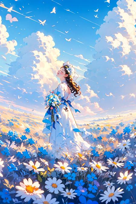 01262-3522892760-Flower field, 1 girl, single, flowers, brown curly hair, long hair, white headdress, closed eyes, handheld, dark dress, blue flo.png